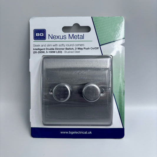 BRITISH GENERAL NEXUS METAL 2-GANG 2-WAY LED DIMMER SWITCH BRUSHED STEEL (NBS82)